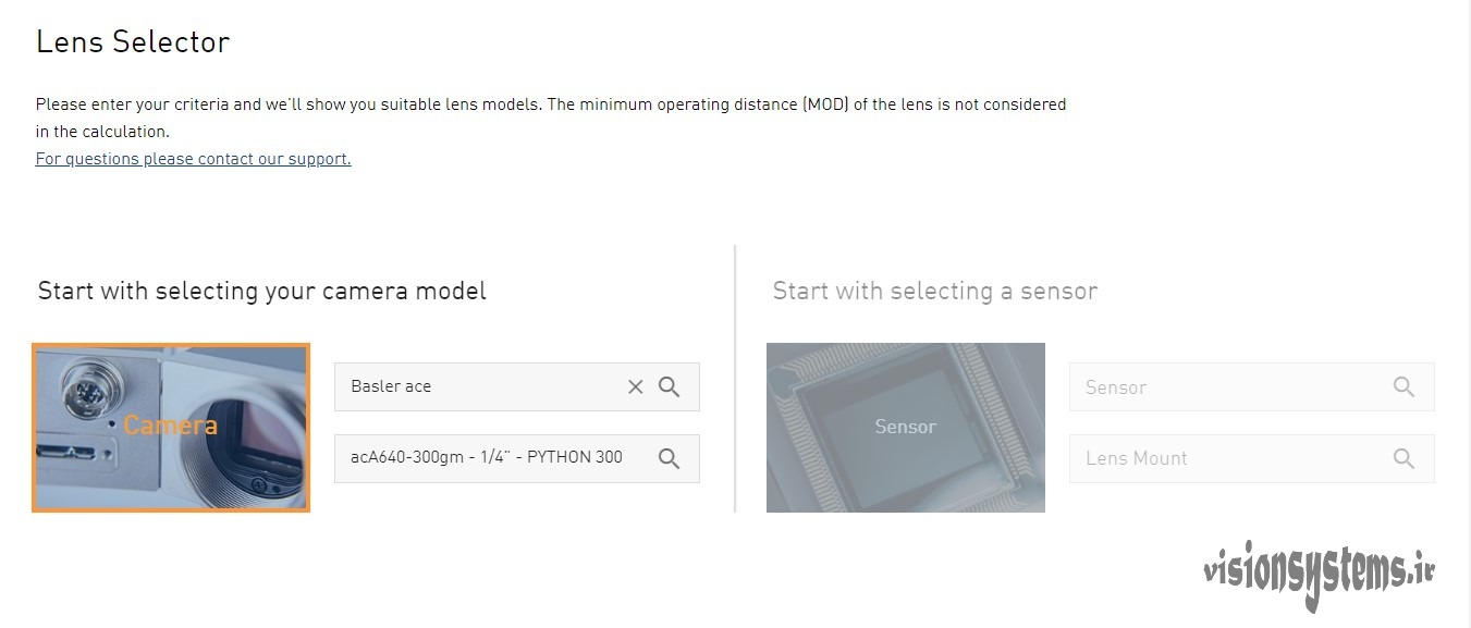 Specify Basler camera model to select lens 