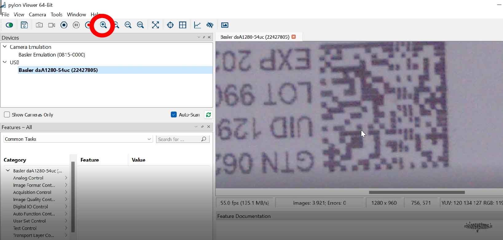 Focusing lens with Basler software