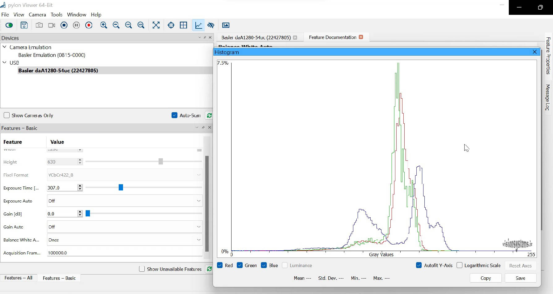 Displaying histogram in Pylon software