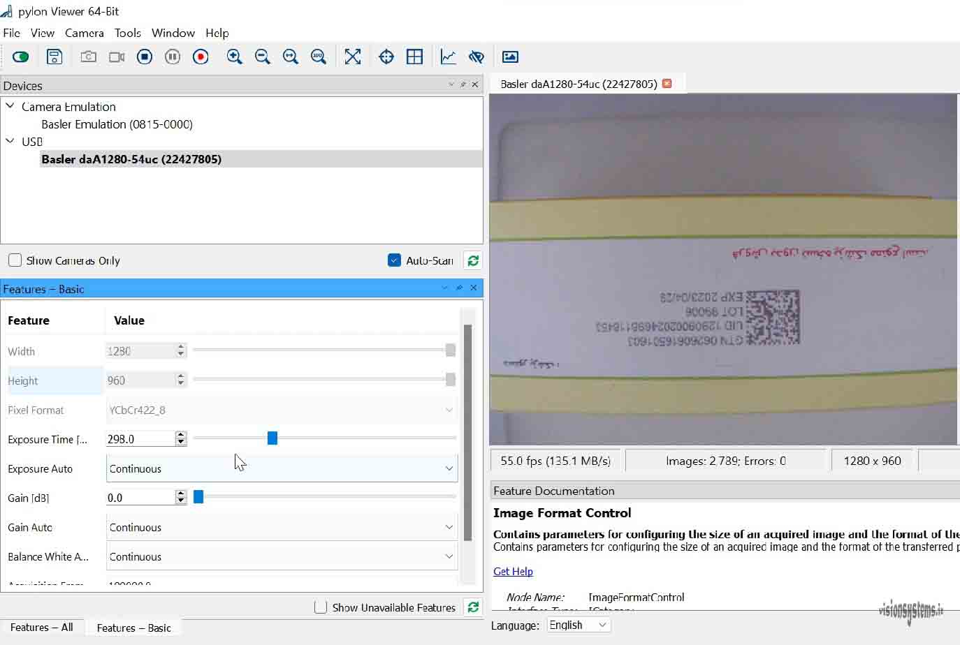 Basler USB cameras in Pylon software